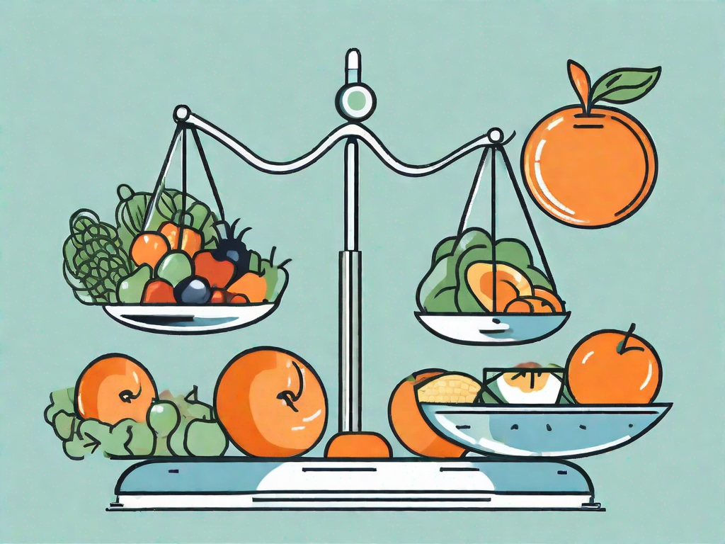 A balance scale with a healthy diet food like fruits and vegetables on one side and menopause symbol (a circle with a small cross at the bottom) on the other side