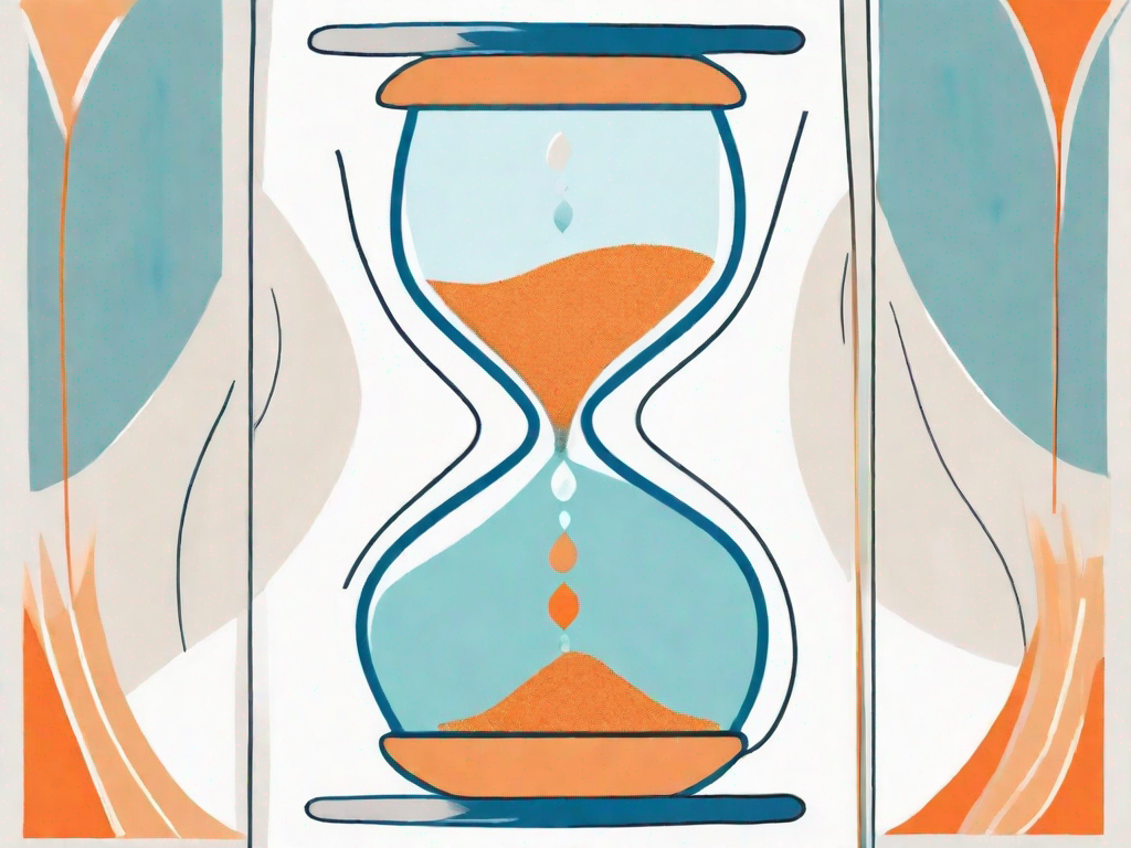 A symbolic hourglass with sand transitioning from vibrant colors representing different stages of life to a serene white
