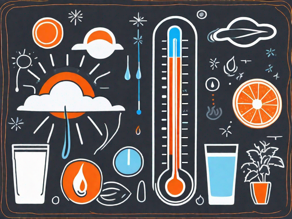 A thermometer rising in temperature against a background of various symbols representing stress