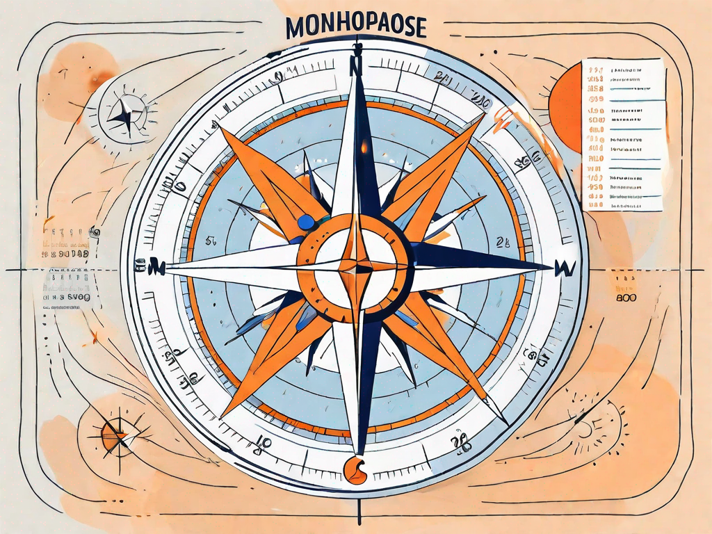 A compass resting on a calendar with symbols representing different stages of menopause like a hot flash (fire)