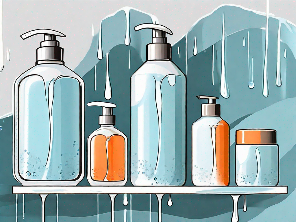 Various shampoo bottles with droplets of water around them